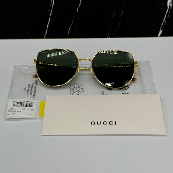 NEW GG1435SA 001 GUCCI GOLD GREY GEOMETRIC WOMEN GUCCI SUNGLASSES - Picture 12 of 13